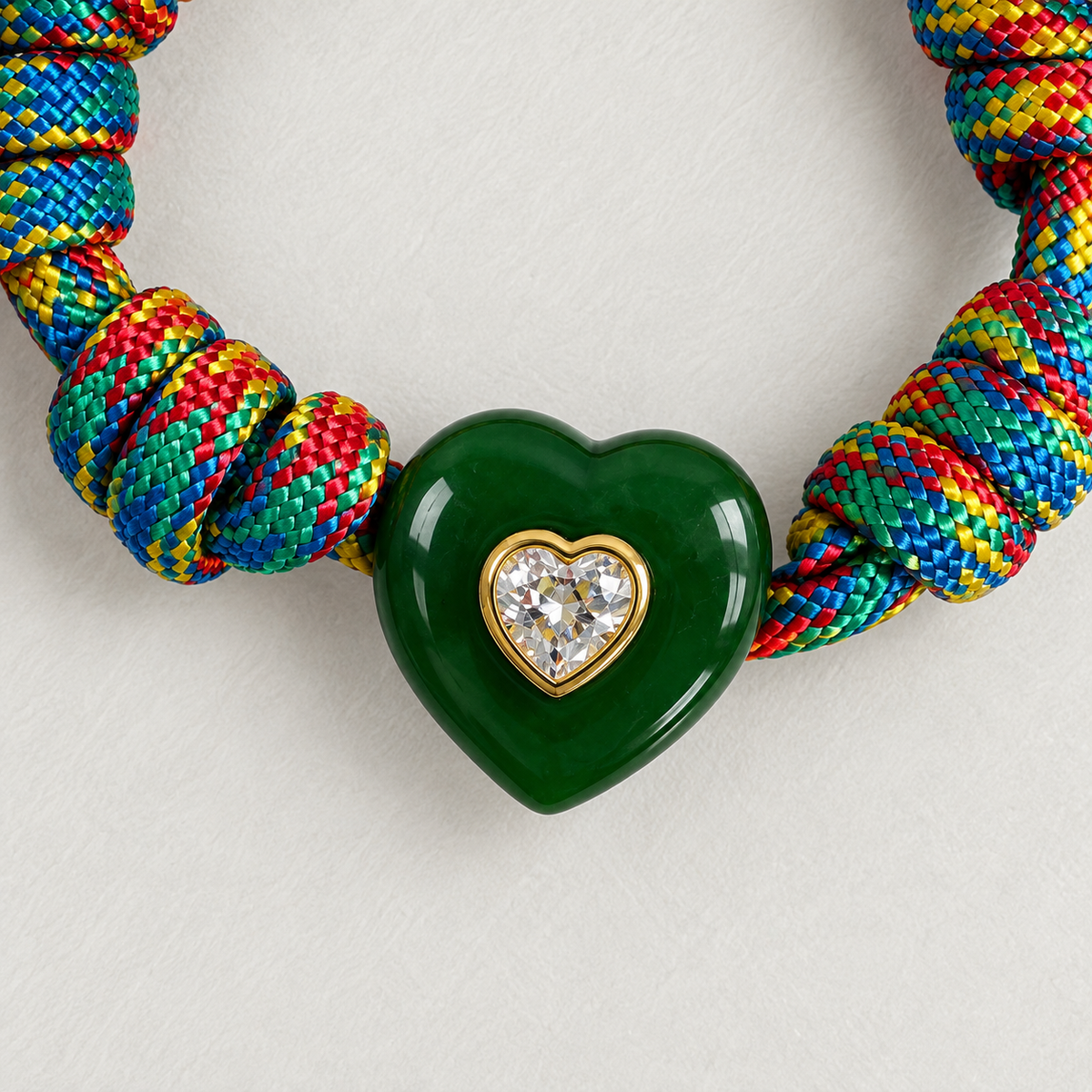 A close-up of a heart-shaped green pendant charm with a gold heart-shaped bezel holding a clear heart-shaped crystal, threaded onto a vibrant, multicolored braided cord against a light gray background.