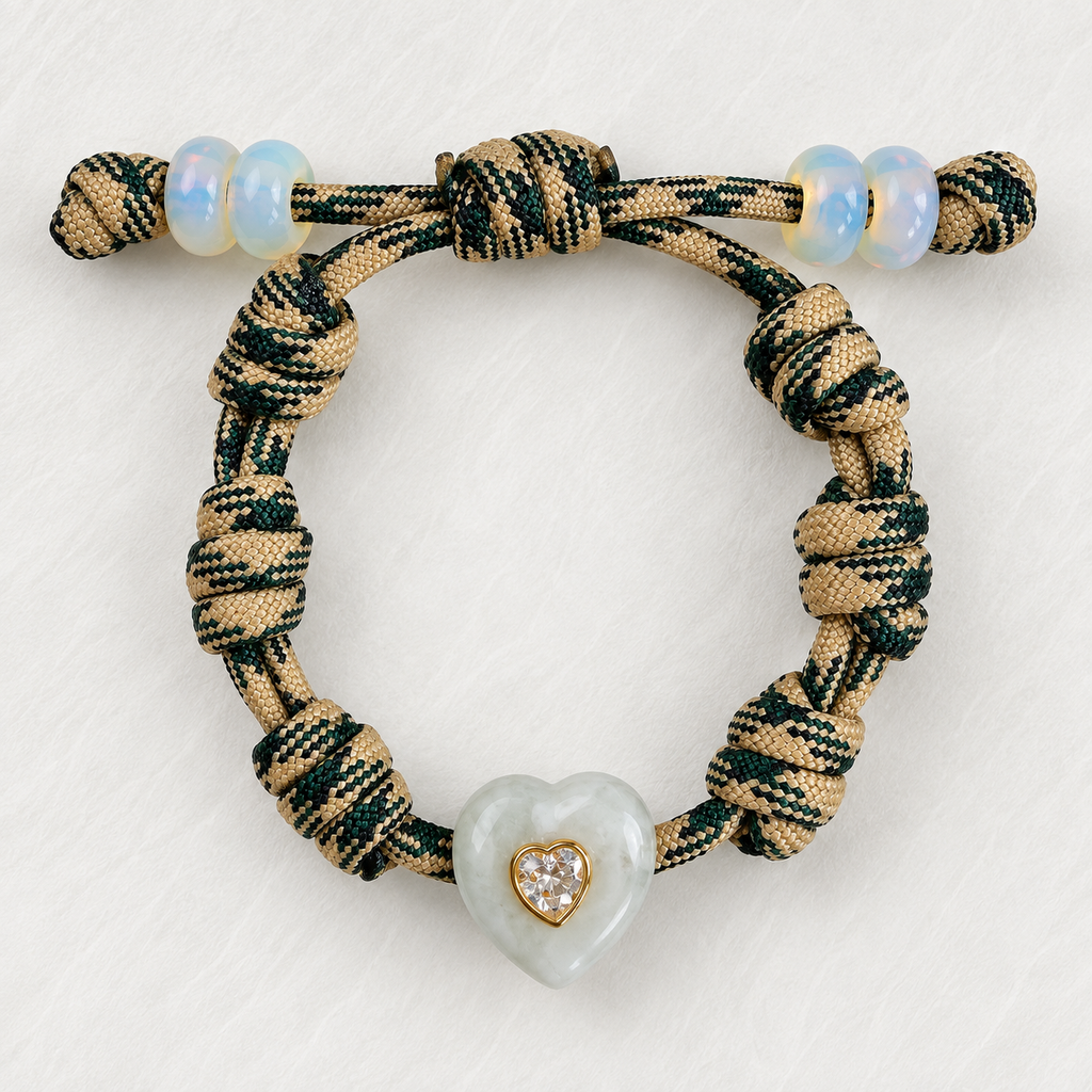 A handmade paracord bracelet with a tan and dark green woven pattern, featuring a central light green jade heart charm with a gold bezel holding a small heart-shaped crystal cluster, and two iridescent opal beads at the adjustable sliding knot end.