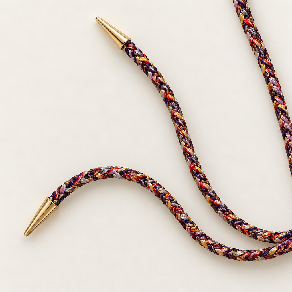 A close-up of a braided multicolor cord with metallic gold cone-shaped tips, photographed on a clean off-white background.