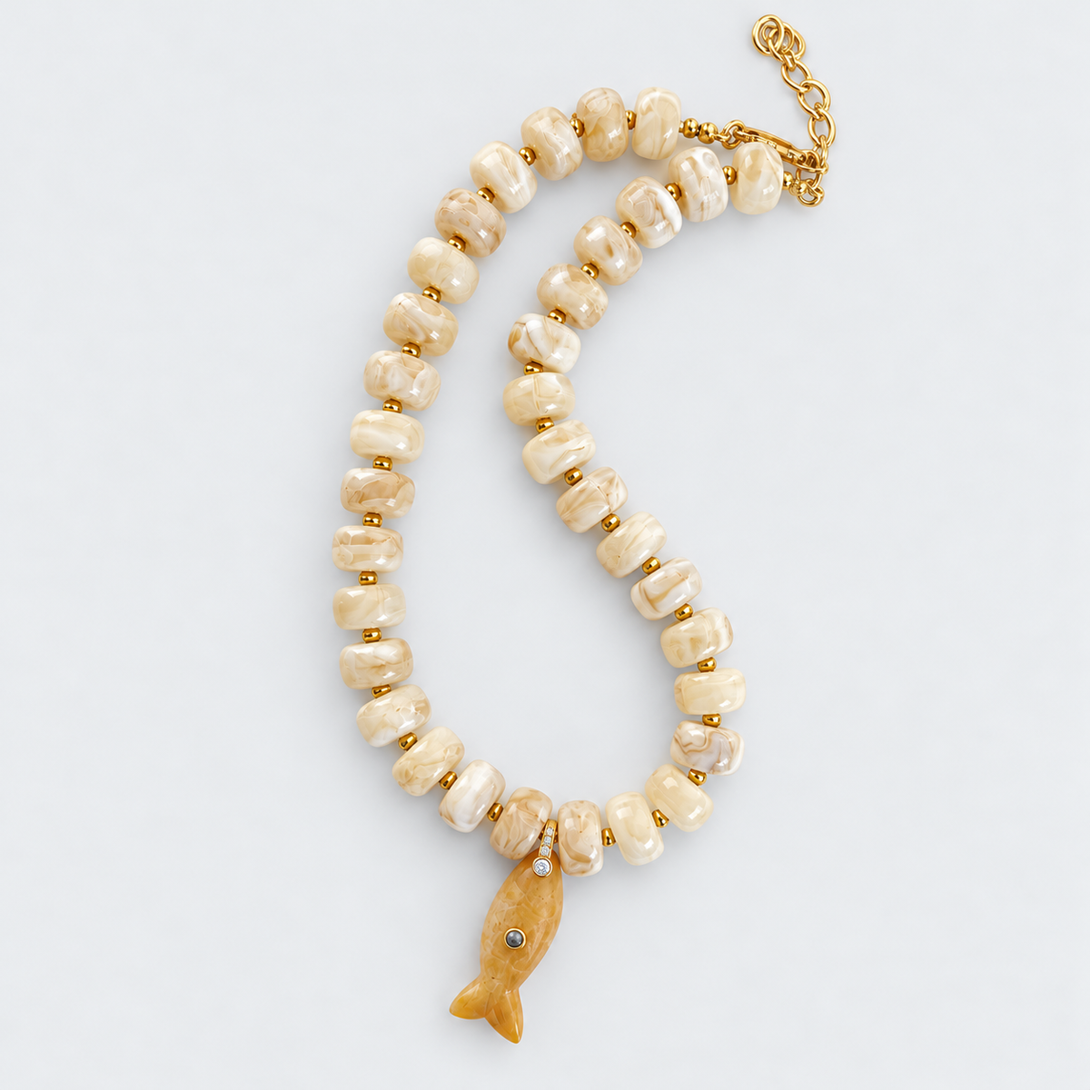 Fish & Beads Necklace - White & Yellow Jade