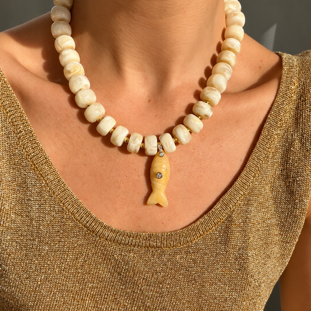 Fish & Beads Necklace - White & Yellow Jade