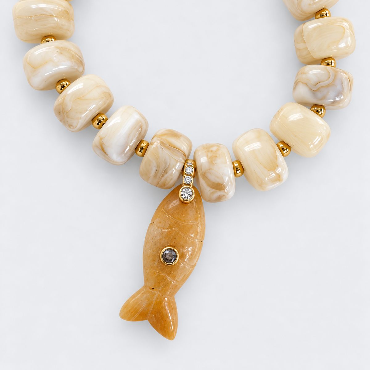 Fish & Beads Necklace - White & Yellow Jade